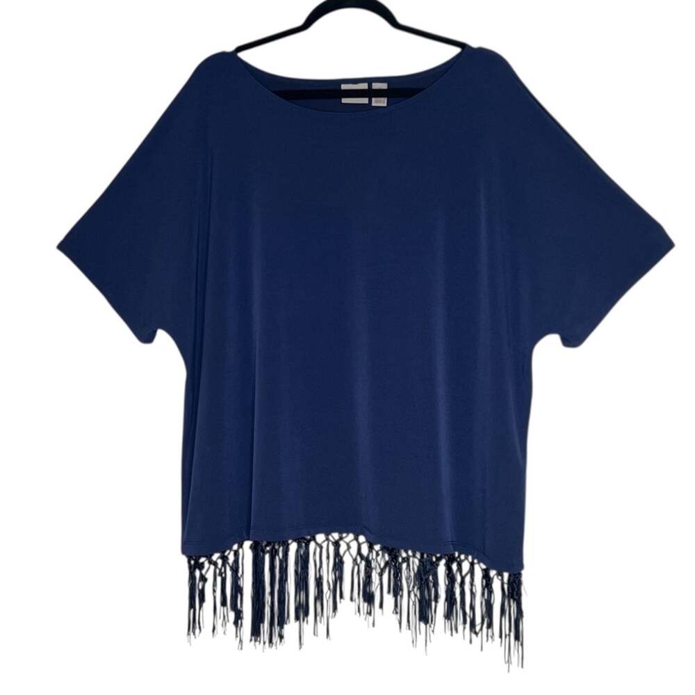 Chico's Fringe Hem Top XL 16 Navy Blue Slinky Knit Dolman Sleeve Boho Blouse